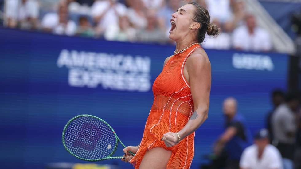 epa13223100 Aryna Sabalenka of Belarus celebrates after winning against Linda Noskova of Czechia during the Women Singles Quarterfinals match of the US Open Tennis Championships in Flushing Meadows, New York, USA, 08 September 2026.  EPA/SARAH YENESEL