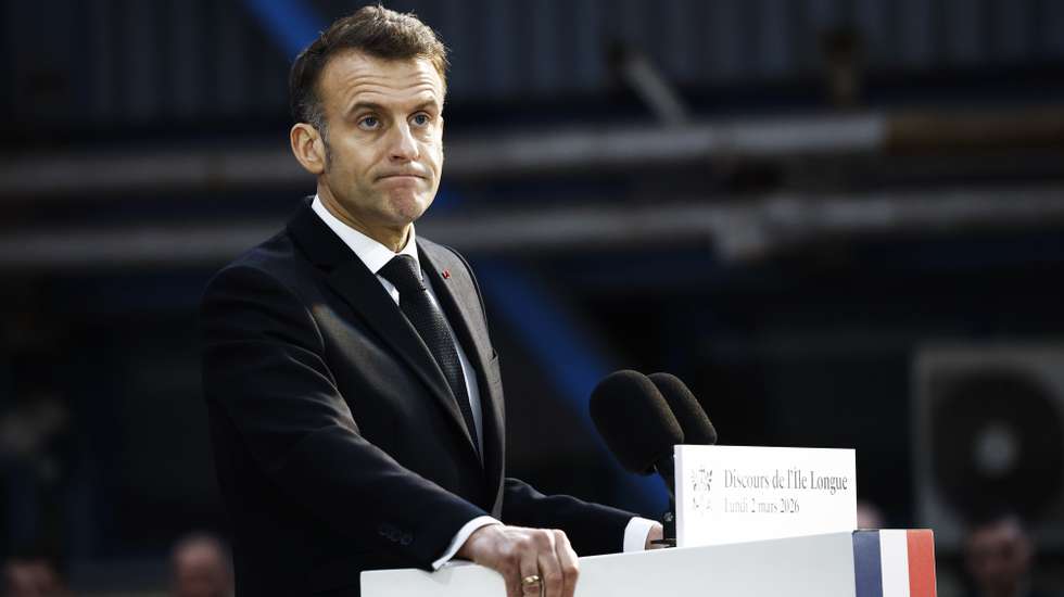 epa12789836 French President Emmanuel Macron delivers a speech at the Nuclear submarines Navy base of Ile Longue in Crozon, near Brest, France, 02 March 2026.  EPA/YOAN VALAT / POOL