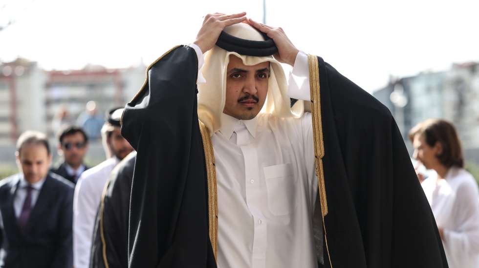 epa11882519 Qatari Sheikh Thani bin Hamad bin Khalifa Al Thani attends the funeral ceremonies for Prince Karim al Hussaini, the 49th hereditary imam of the Ismaili Muslims, in Lisbon, Portugal, 08 February 2025. According to the Aga Khan Development Network, Prince Karim al-Hussaini, Aga Khan IV and spiritual leader of Ismaili Muslims, passed away in Lisbon, Portugal, at the age of 88 on 04 February 2025.  EPA/MIGUEL A. LOPES