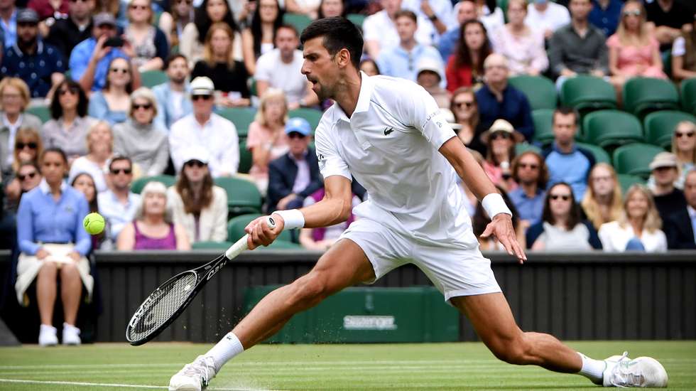 epa09328772 Novak Djokovic of Serbia hits a forehand during the men's quarter final match against Marton Fucsovics of Hungary at the Wimbledon Championships, in Wimbledon, Britain, 07 July 2021.  EPA/NEIL HALL   EDITORIAL USE ONLY