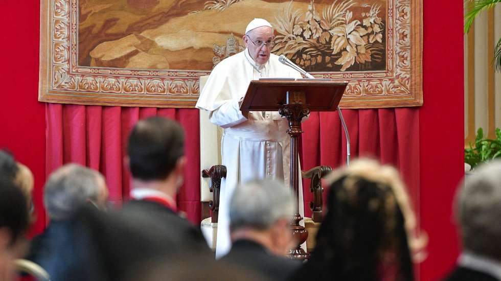 epa08995984 A handout picture provided by the Vatican Media shows Pope Francis during an audience to the Diplomatic Corps accredited to the Holy See, at the Vatican, 08 February 2021.  EPA/VATICAN MEDIA HANDOUT  HANDOUT EDITORIAL USE ONLY/NO SALES