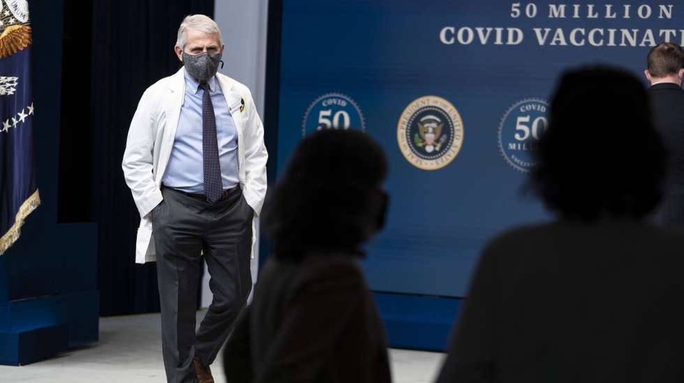 epa09037173 Dr. Anthony Fauci is seen before President Joe Biden participates in an event commemorating the 50 million COVID-19 vaccine shot during a ceremony at the White House, in Washington, DC, USA, 25 February 2021.  EPA/Doug Mills / POOL