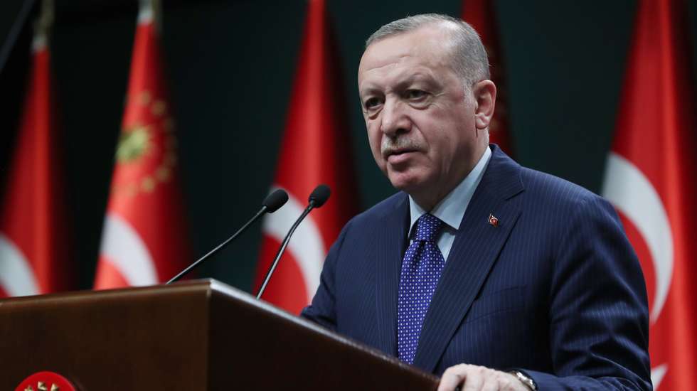 epa09117564 A handout picture provided by the Turkish President Press office shows, Turkish President Recep Tayyip Erdogan speaks to the media after an evaluation meeting at the Presidential Palace in Ankara, Turkey, 05 April 2021. President Erdogan told that for the letter of 104 former admirals over the weekend urging him to abide by the terms of the 1936 Montreux Convention, 'We cannot call this freedom of expression. Freedom of expression does not include sentences that threaten the elected government with a coup'.  EPA/TURKISH PRESIDENT PRESS OFFICE HANDOUT  HANDOUT EDITORIAL USE ONLY/NO SALES