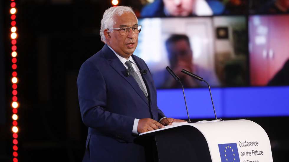 epa09187592 Portuguese Prime Minister Antonio Costa speaks during the inaugural event for the conference on the Future of Europe at the European Parliament in Strasbourg, France, 09 May 2021.  EPA/JULIEN WARNAND