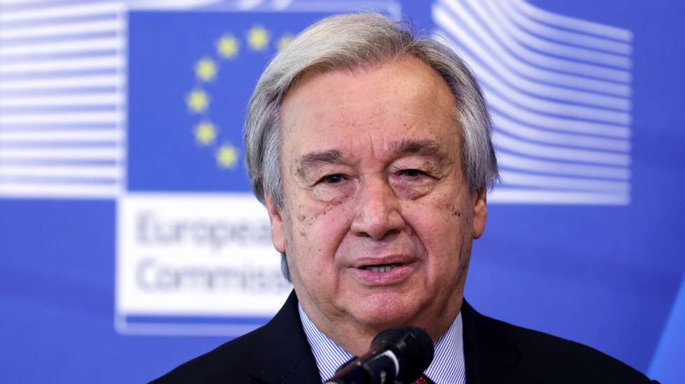 epa09295050 Secretary-General of the United Nations Antonio Guterres gives a press conference before a meeting with the President of the European Commission at the EU headquarters in Brussels, Belgium, 23 June 2021.  EPA/KENZO TRIBOUILLARD / POOL