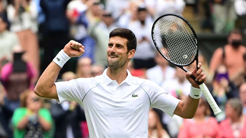 epa09313446 Novak Djokovic of Serbia celebrates after the 2nd round match against Kevin Anderson of South Africa at the Wimbledon Championships, Wimbledon, Britain 30 June 2021.  EPA/NEIL HALL EDITORIAL USE ONLY  EDITORIAL USE ONLY  EDITORIAL USE ONLY  EDITORIAL USE ONLY  EDITORIAL USE ONLY  EDITORIAL USE ONLY  EDITORIAL USE ONLY