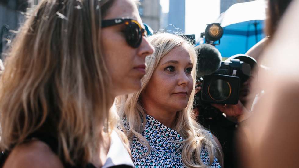 epa09407695 (FILE) - Some of deceased financier Jeffrey Epstein's alleged victims, including Virginia Roberts Giuffre (C) exit the United States Federal Courthouse in New York, New York, USA, 27 August 2019 (Reissued 09 August 2021). Virginia Roberts Giuffre filed a civil complaint in Manhattan's US District Court against Prince Andrew of Britain, accusing him of sexually abusing her when she was younger than 18 years old.  EPA/ALBA VIGARAY *** Local Caption *** 55421856