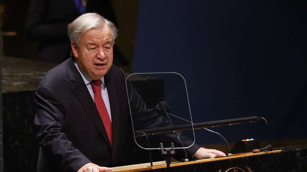 epa09481419 United Nations Secretary-General Mr. Antonio Guterres speaks at a High-level meeting to commemorate the twentieth anniversary of the adoption of the Durban Declaration and Programme of Action 'Reparations, racial justice and equality for people of African descent' as part of the UN General Assembly 76th session General Debate in UN General Assembly Hall at the United Nations Headquarters, in New York City, USA, 22 September 2021.  EPA/JOHN ANGELILLO / POOL