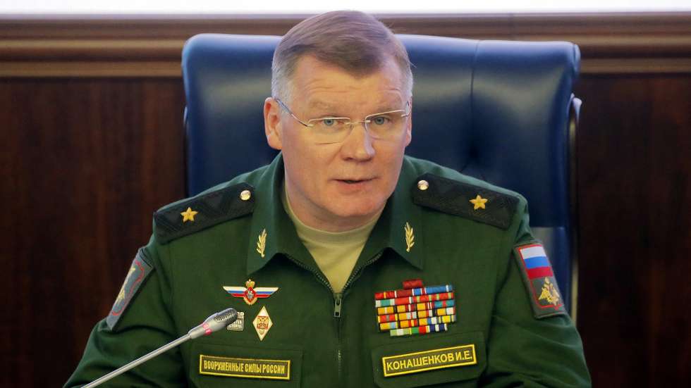 epa06710856 Russian Defense Ministry official representative general Igor Konashenkov, talks to the media during a briefing on the fight against terrorism in Syria at the Russian National Defense Management Center in Moscow, Russia, 04 May 2018.  EPA/MAXIM SHIPENKOV