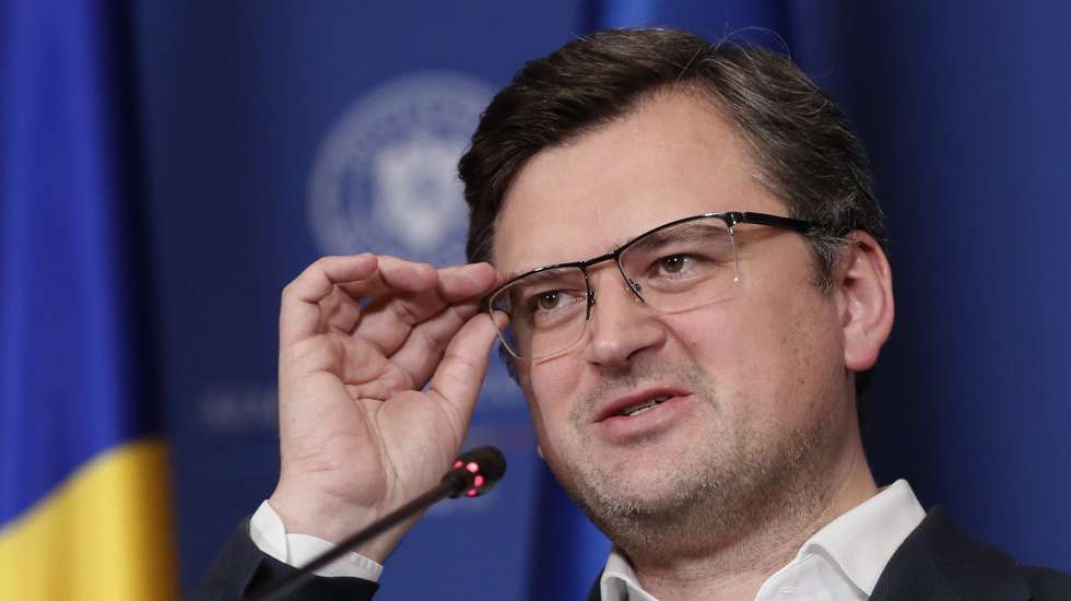 epa09902172 Ukrainian Foreign Minister Dmytro Kuleba addresses media during a joint news conference that followed the meeting with his Romanian counterpart in Bucharest, Romania, 22 April 2022. Kuleba is on a one-day official visit to Romania.  EPA/ROBERT GHEMENT