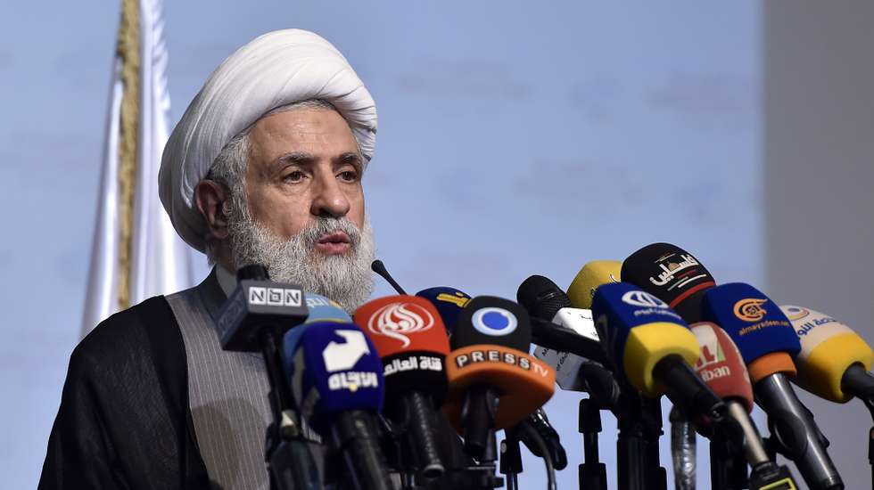 epa10876348 Sheikh Naim Qassem, deputy of Hezbollah leader Sayyed Hassan Nasrallah, speaks during an event to mark the 41st anniversary of the Sabra and Shatila massacre, in Beirut, Lebanon, 22 September 2023. Lebanese militiamen allied to Israel killed between 2,000 and 3,500 people in the massacre that took place in Shatila, a Palestinian refugee camp, and Sabra the adjacent neighborhood in the southwest of Beirut between 16-18 September 1982.  EPA/WAEL HAMZEH