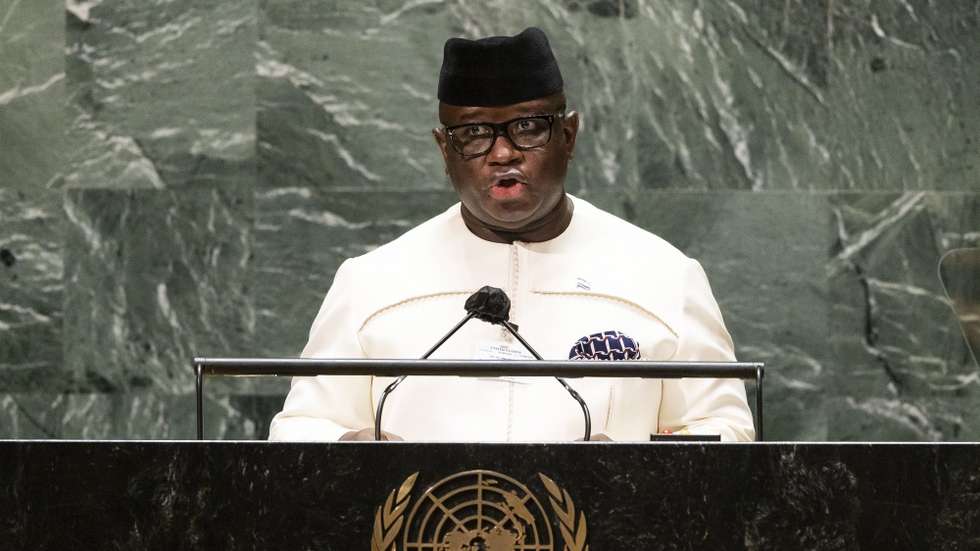 epa09482127 Sierra Leone's President Julius Maada Bio addresses the General Debate of the 76th Session of the United Nations General Assembly in New York, New York, USA, 22 September 2021.  EPA/JUSTIN LANE