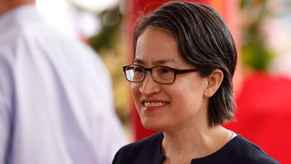 epa12361413 Taiwanese vice president Hsiao Bi-khim reacts during the delivery ceremony for the Taiwan Coast Guard's new frigate, at Keelung port in Keelung, Taiwan, 08 September 2025. The 1,000-ton Hualien CG1006 patrol vessel is part of Taiwan Coast Guard fleet development program to further safeguard national sovereignty and maritime security.  EPA/RITCHIE B. TONGO