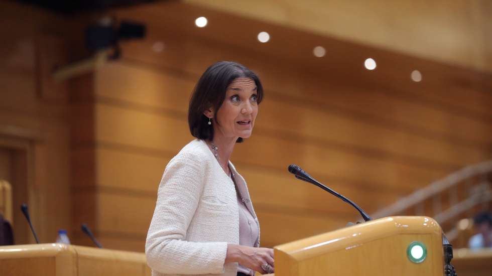 epa08488876 Spanish Tourism and Industry Minister, Reyes Maroto, faces the questions of MPs at the Senate (upper house of the Spanish Parliament) in Madrid, Spain, 16 June 2020.  EPA/JUANJO MARTIN