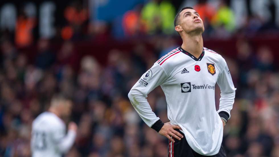 epa10290415 Manchester United's Cristiano Ronaldo reacts during the English Premier League soccer match between Manchester City and Fulham at Villa Park in Birmingham, Britain, 06 November 2022.  EPA/PETER POWELL EDITORIAL USE ONLY. No use with unauthorized audio, video, data, fixture lists, club/league logos or 'live' services. Online in-match use limited to 120 images, no video emulation. No use in betting, games or single club/league/player publications