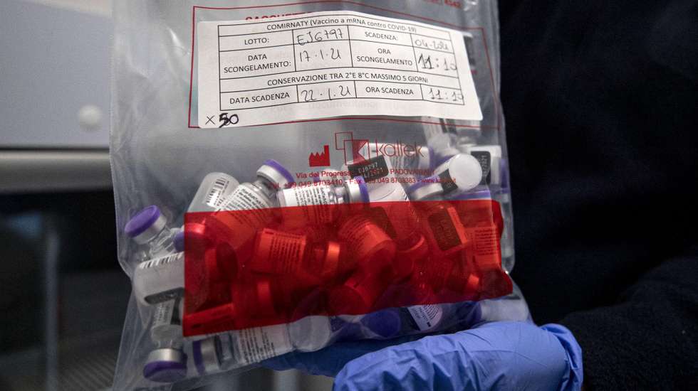 epa08943375 Vials of an anti-Covid vaccine is displayd at Spallanzani hospital in Rome, Italy, 17 January 2021.  EPA/MASSIMO PERCOSSI