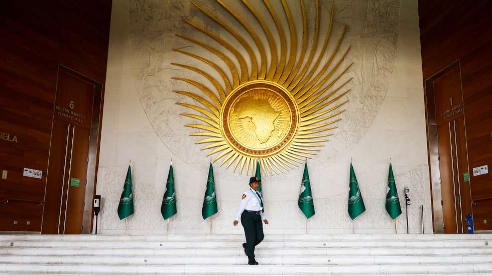 epa11898103 A security guard walks in the lobby of the African Union headquarters during the 38th Ordinary Session of the Assembly of Heads of State and Government of the African Union in Addis Ababa, Ethiopia, 15 February 2025. The conference will proceed with the election of the AU's new chairman at a time of escalation of the conflict in the eastern region of the Democratic Republic of Congo.  EPA/MINASSE WONDU HAILU
