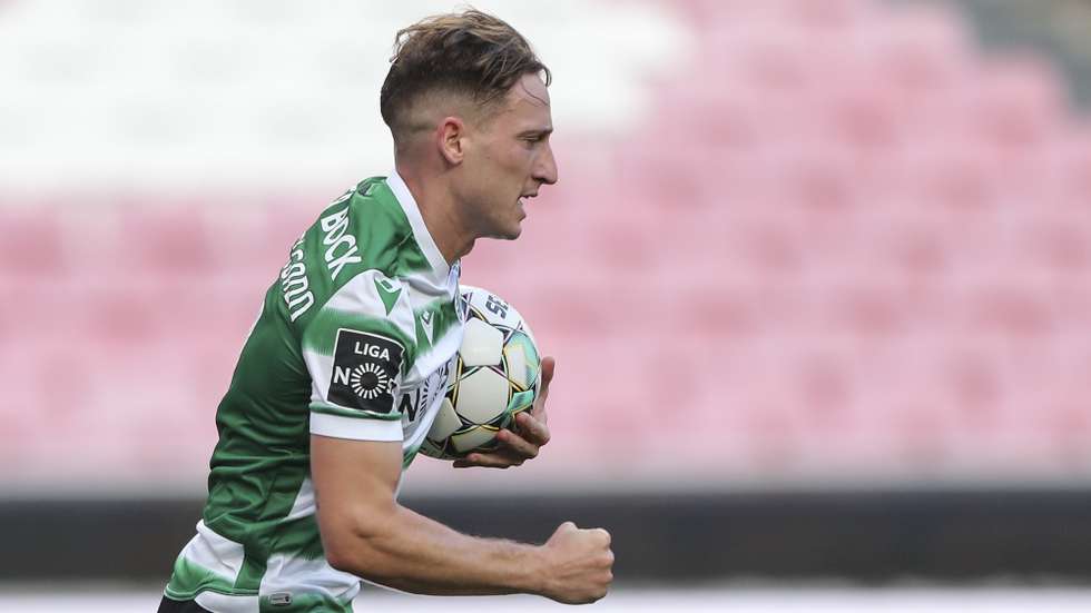 Sporting CP Nuno Santos celebrates after scoring a goal to Benfica during the Portuguese First League Soccer match at Luz Stadium in Lisbon, Portugal 15 of May 2021. MIGUEL A. LOPES/LUSA