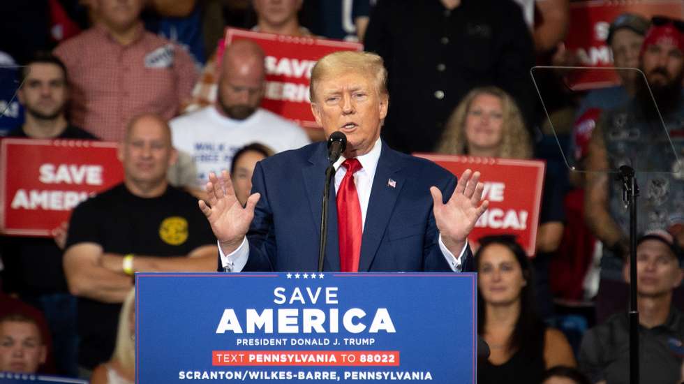 epa10158590 Former President Donald J. Trump speaks at the Mohegan Sun Arena in Wilkes-Barre, Pennsylvania, USA, 03 September 2022. This is Trump’s first public appearance since the 08 August raid of Mar-a-Lago in Palm Beach, Florida.  EPA/TRACIE VAN AUKEN