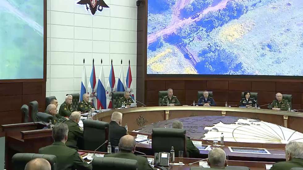 epa10702475 A handout photo made available by the Russian Defence ministry press-service shows Russian Defence Minister General of the Army Sergei Shoigu (C) delivers his speech during a meeting of the Collegium of the Russian Defense Ministry in Moscow, Russia, 20 June 2023. ’Ukraine plans to strike at the Crimea and Russian territory with Himars and Storm Shadow missiles. The use of these missiles outside the special operation zone will mean the full involvement of the United States and Britain in the conflict and will entail immediate strikes on the decision-making centers in Ukraine.’ Russian Defence minister Sergei Shoigu said.  EPA/RUSSIAN DEFENCE MINISTRY PRESS SERVICE / HANDOUT HANDOUT EDITORIAL USE ONLY/NO SALES HANDOUT EDITORIAL USE ONLY/NO SALES