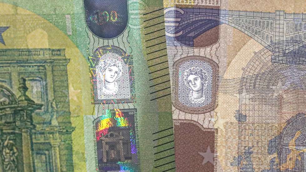 epa07589196 An image showing the new 100 euro and 200 euro banknotes with their security details visible during their presentation by the Deutsche Bundesbank, German central bank, in Frankfurt Main, Germany, 21 May 2019.  EPA/ARMANDO BABANI