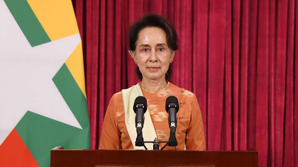 epa08810585 A handout photo made available by the Myanmar State Counselor Office shows Myanmar State Counselor Aung San Suu Kyi delivering a speech on State Television in Naypyitaw, Myanmar, 09 November 2020 (issued 10 November 2020). Myanmarâ€™s ruling party NLD claimed victory after projecting enough seats in parliament to form the next government though the Union Election Commission has not announced the full result yet.  EPA/MYANMAR STATE COUNSELOR OFFICE / HANDOUT  HANDOUT EDITORIAL USE ONLY/NO SALES