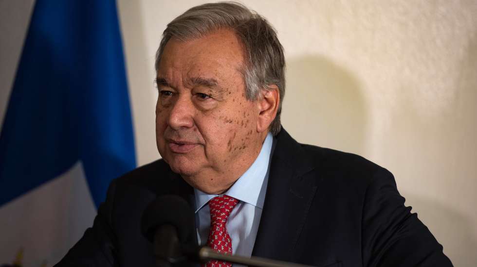 epa10721664 The UN Secretary General, Antonio Guterres, speaks at a press conference during his visit to the country, in Port-au-Prince, Haiti, 01 July 2023. The Secretary General of the UN, AntÃ³nio Guterres, arrived this 01 July in the capital of Haiti for a visit in which he will meet with his Prime Minister, Ariel Henry, and will demand the support of the international community for the country in the serious crisis it is going through, according to the organization.  EPA/Johnson Sabin
