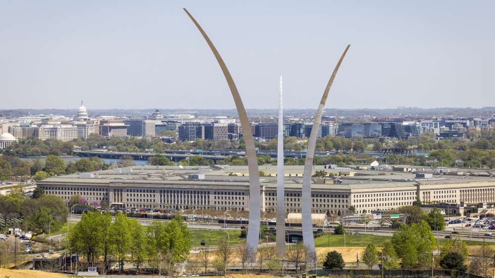 epa10567791 The Pentagon behind the United States Air Force Memorial in Arlington, Virginia, USA, 10 April 2023. Classified military documents that were leaked online ‘pose a very serious risk to national security’ according to Pentagon officials. They include documents detailing the US assessment of the war in Ukraine.  EPA/JIM LO SCALZO