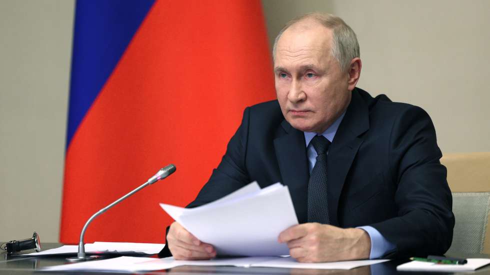 epa10949390 Russian President Vladimir Putin chairs a meeting with members of the Security Council, the Government and the leadership of law enforcement agencies at the Novo-Ogaryovo state residence outside Moscow, Russia, 30 October 2023. â€˜The events in Makhachkala last night were inspired, including through social networks, not least from the territory of Ukraine by the hands of agents of Western intelligence services. In this regard, I want to ask a question: is it possible to help Palestine by trying to attack the Tats (Mountain Jews) and their families? The Tats, by the way, are the titular nation in Dagestan,â€™ said Putin. The presidential meeting was convened in connection with the riots that occurred on October 29 at Makhachkala International Airport in Dagestan. Crowds of people gathered at the airport to prevent Israeli citizens arriving from Tel Aviv from entering the country. Protesters broke into the international terminal building and then ran onto the runway.  EPA/GAVRIIL GRIGOROV / KREMLIN POOL / POOL MANDATORY CREDIT