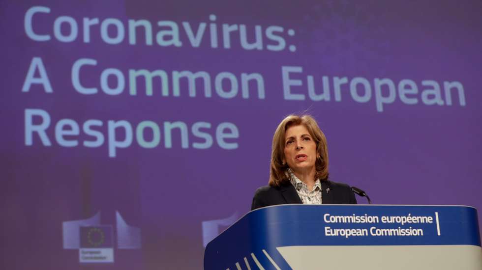 epa09093252 European Commissioner for Health and Food Safety Stella Kyriakides gives a press conference on the Export transparency and authorisation mechanism at the European Commission in Brussels, Belgium, 24 March 2021.  EPA/STEPHANIE LECOCQ / POOL