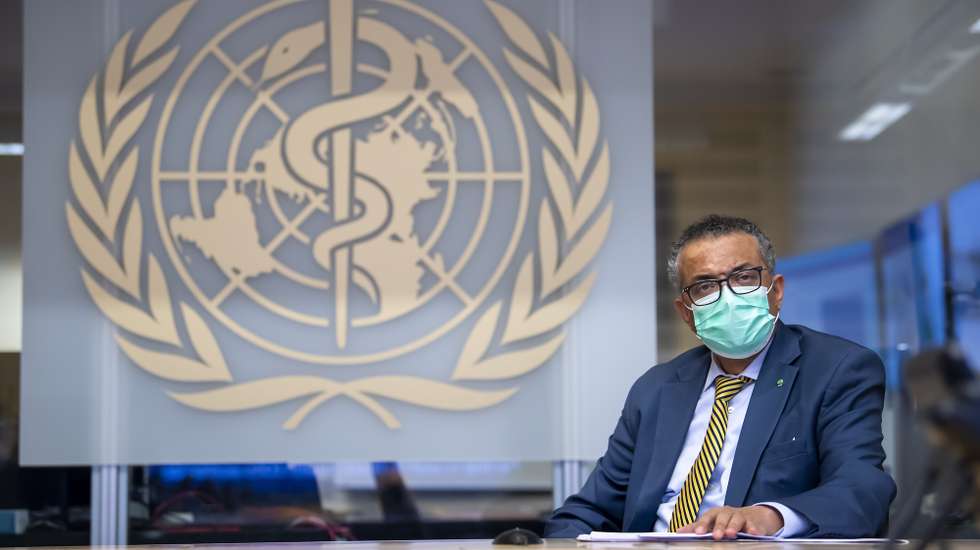 epa08747767 Tedros Adhanom Ghebreyesus, Director General of the World Health Organization (WHO), speaks during a visit of the Presidents of the Swiss Federal Chambers, at the World Health Organization (WHO) headquarters in Geneva, Switzerland, 15 October 2020.  EPA/MARTIAL TREZZINI