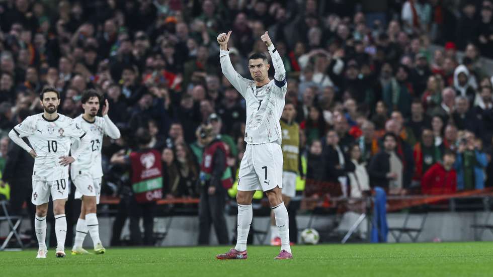 Portugal's Cristiano Ronaldo reacts after being sent off during the 2026 FIFA World Cup European Qualifiers Group F soccer match between Ireland and Portugal, at Aviva Stadium, in Dublin, Ireland, 13 November 2025.  JOSE SENA GOULAO/LUSA