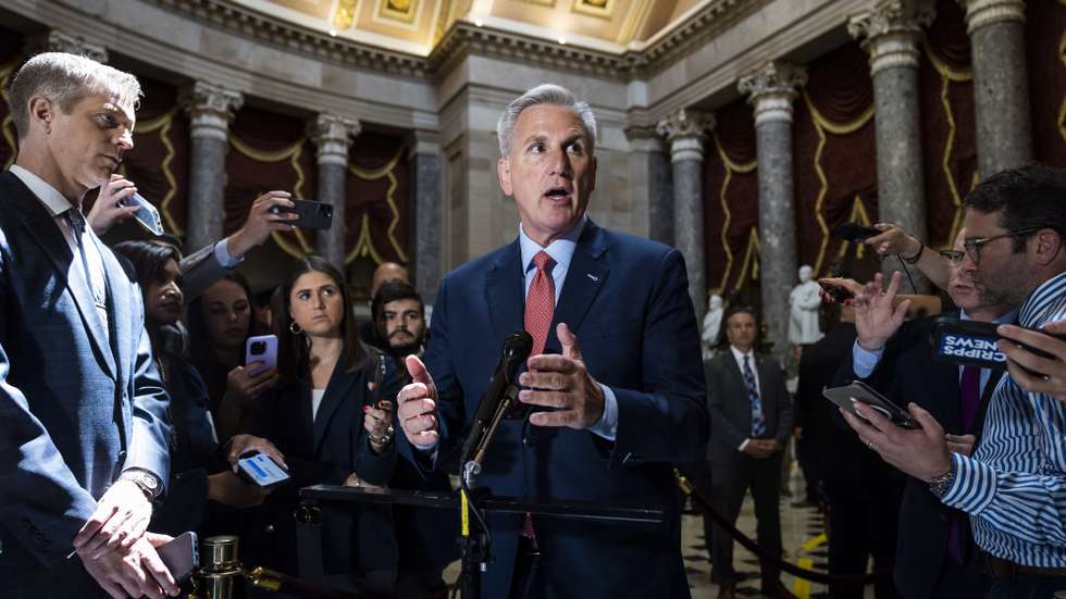 epa10650623 Republican Speaker of the House Kevin McCarthy (C) speaks to reporters about negotiations with the White House over the debt limit in the US Capitol in Washington, DC, USA, 24 May 2023. Negotiators from the Capitol are scheduled to resume discussions on the debt ceiling with the White House later in the day. Secretary of the Treasury Janet Yellen has warned the US could default on its debt as early as 01 June 2023, if Congress fails to raise the debt limit.  EPA/JIM LO SCALZO