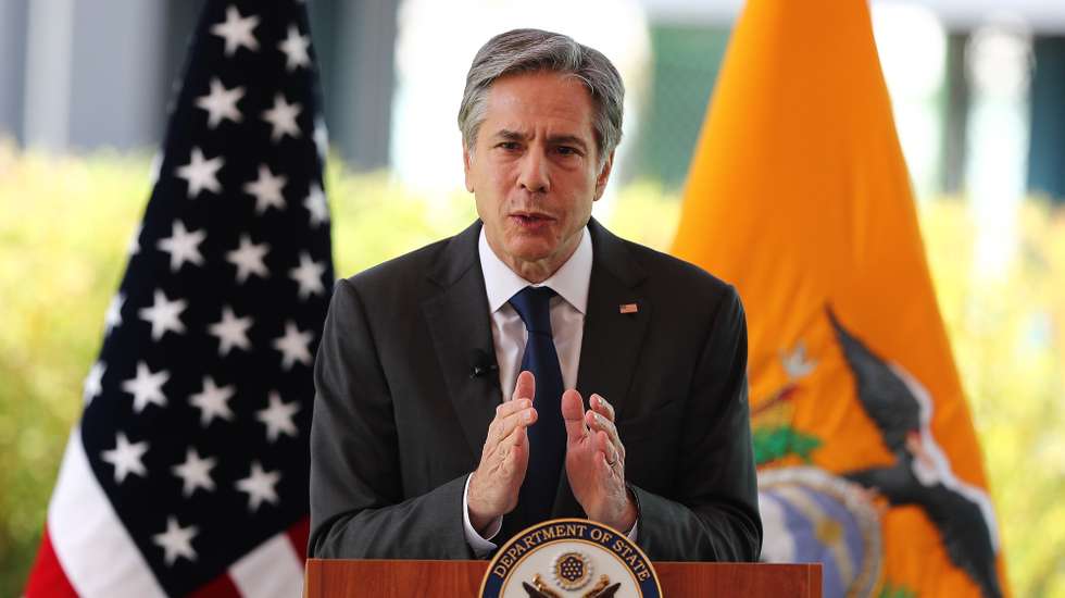 Secretário de estado dos Estados Unidos da América, Antony Blinken, fala durante uma conferência de imprensa