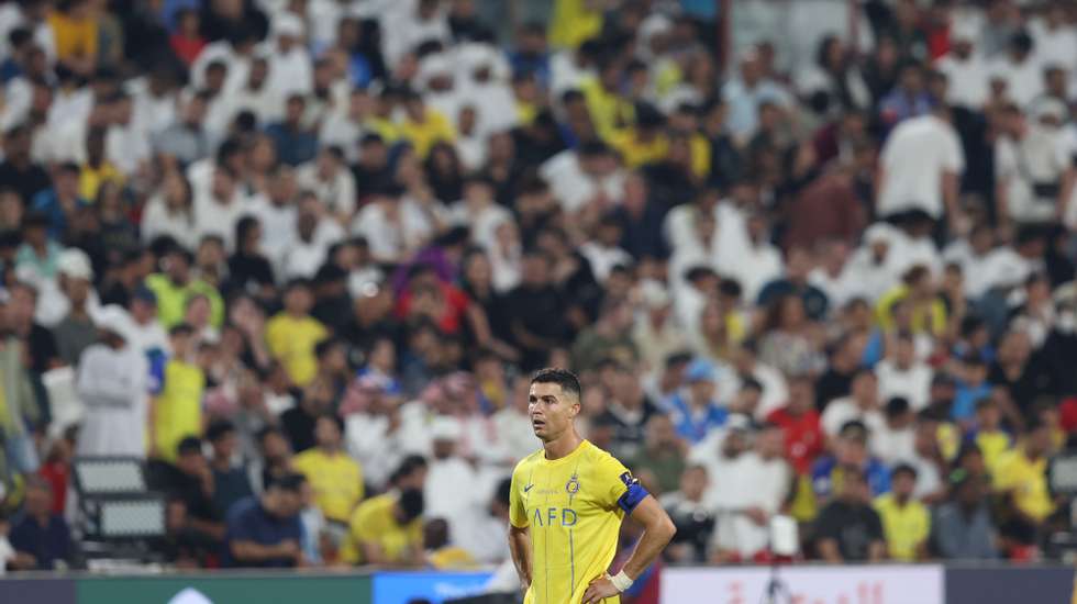 epa11266553 Cristiano Ronaldo of Al-Nassr reacts during the semifinal soccer match of the Saudi Super Cup between Al-Hilal and Al-Nassr in Abu Dhabi, United Arab Emirates, 08 April 2024.  EPA/ALI HAIDER