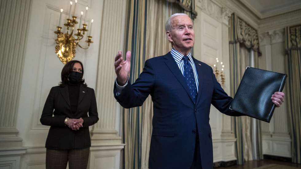 epa09057725 US President Joe Biden, with Vice President Kamala Harris, delivers remarks on the Senate Passage of the 1.9 trillion US dollars coronavirus relief bill from the State Dining Room of the White House in Washington, DC, USA, 06 March 2021. The bill now returns to the House for reconciliation where it is scheduled for a vote next 09 March.  EPA/SHAWN THEW