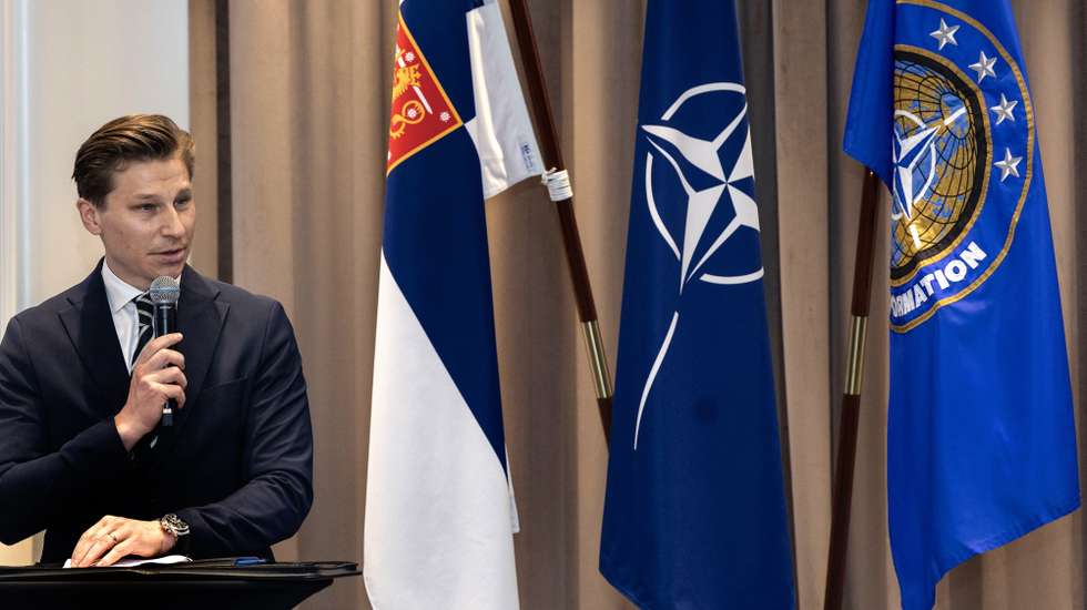 epa11403276 Finnish Defense Minister Antti Hakkanen speaks during NATO's Allied Foresight Conference in Helsinki, Finland, 11 June 2024. Finland's Ministry of Defence is hosting the first Allied Foresight Conference of NATO's Allied Command Transformation (ACT) from 11 to 12 June 2024 in Helsinki, gathering around 180 experts from NATO member countries and partner nations.  EPA/MAURI RATILAINEN