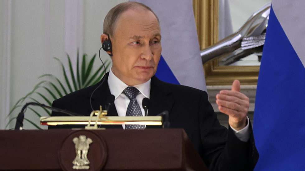 epa12571589 Russian President Vladimir Putin speaks at a joint press statement with Indian Prime Minister Narendra Modi (not seen) after their meeting at Hyderabad House in New Delhi, India, 05 December 2025. Russian President Putin is on a two-day state visit to India and will also be attending the 23rd India-Russia Annual Summit, where several international and regional issues will be on the agenda.  EPA/RAJAT GUPTA