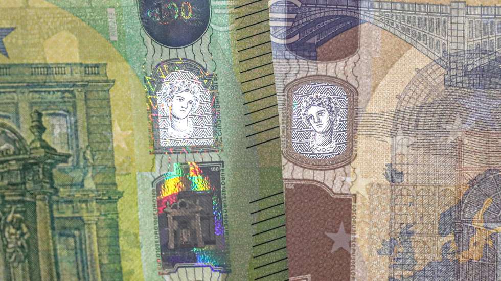 epa07589196 An image showing the new 100 euro and 200 euro banknotes with their security details visible during their presentation by the Deutsche Bundesbank, German central bank, in Frankfurt Main, Germany, 21 May 2019.  EPA/ARMANDO BABANI