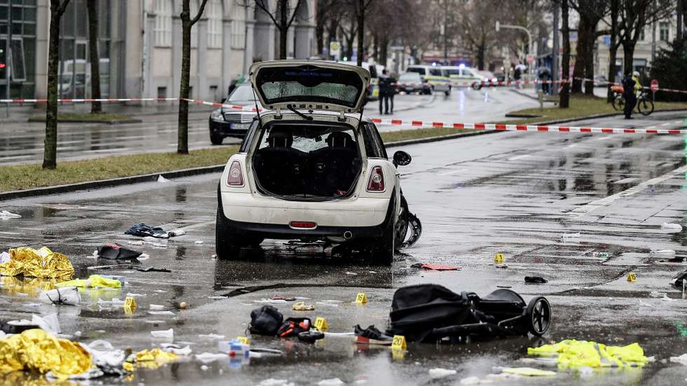 epa11893069 A general view shows the scene after a vehicle was driven into a Ver.di demonstration in Munich, Germany, 13 February 2025. According to statements from Munich police, at least 28 people were injured, two of them seriously. The driver of the vehicle involved in the incident, a 24-year-old Afghan asylum seeker, has been arrested, police added.  EPA/RONALD WITTEK