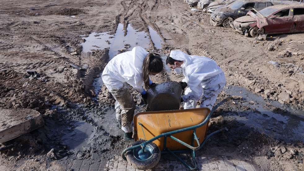 epa11776573 Volunteers remove mud from the town of Paiporta, Valencia, eastern Spian, 14 December 2024. Floods triggered by the high-altitude isolated depression (DANA) hit the east of the country on 29 October 2024, devastating Valencia and neighboring provinces and leaving at least 223 people dead.  EPA/ANA ESCOBAR