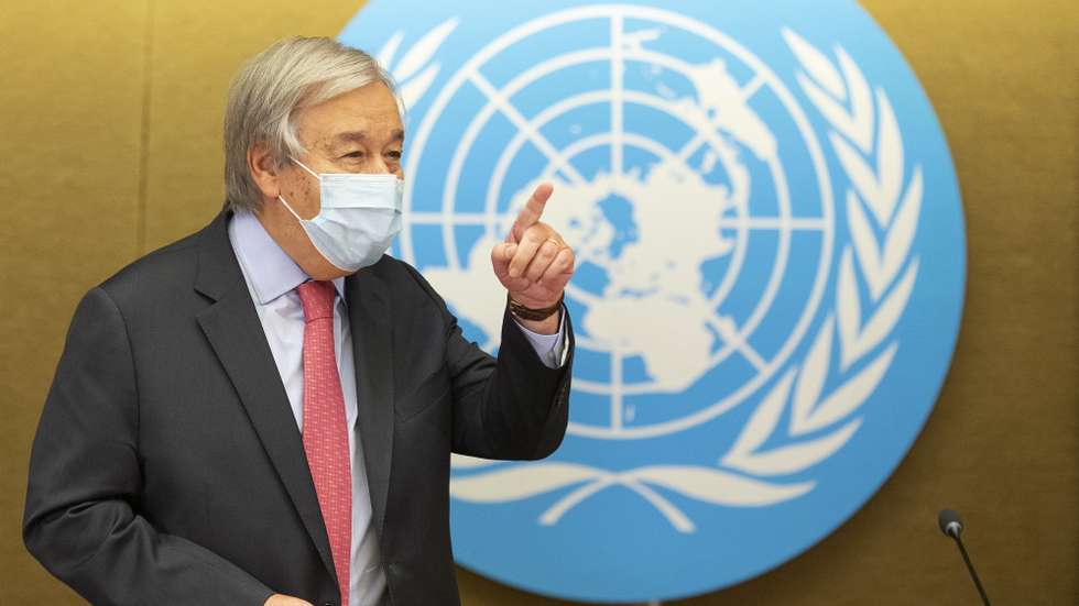 epa09465762 U.N. Secretary-General Antonio Guterres arrives for a press conference, during the High-Level Ministerial Event on the Humanitarian Situation in Afghanistan, at the European headquarters of the United Nation, in Geneva, Switzerland, 13 September 2021.  EPA/SALVATORE DI NOLFI