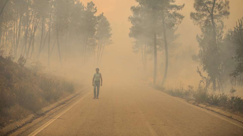 Um popular durante o incêndio que lavra na aldeia de Rabaças, em Oleiros, Castelo Branco, 14 de setembro de 2020. O incêndio que deflagrou em Proença-a-Nova no domingo e que lavra hoje com intensidade em Oleiros já está próximo do Rio Zêzere, afirmou hoje o presidente da Câmara. Segundo a Autoridade Nacional de Emergência e Proteção Civil estão neste momento a combater o incêndio 1063 operacionais no terreno, apoiados por 343 veículos e dezassete meios aéreos. PAULO CUNHA /LUSA
