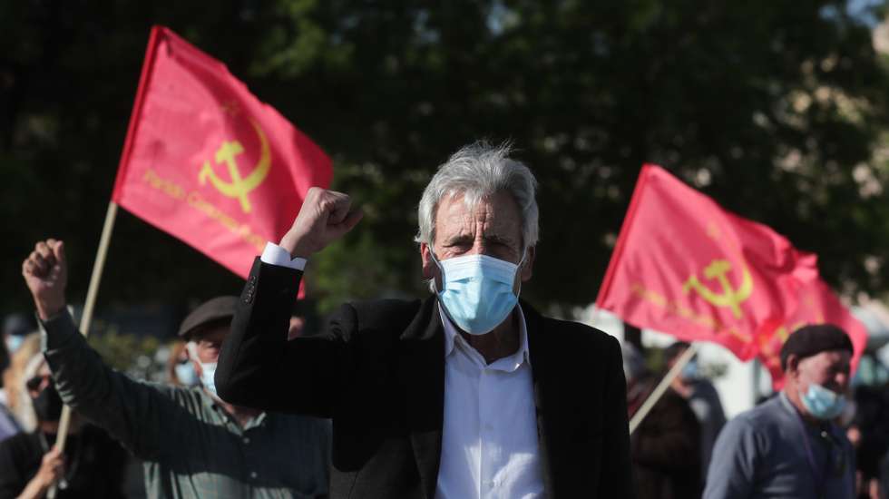O secretário-geral do Partido Comunista Português (PCP), Jerónimo de Sousa, participou na sessão "Centenário de Baptista Pereira - Uma vida de luta e dignidade" em Alhandra, 14 de março de 2021. TIAGO PETINGA/LUSA
