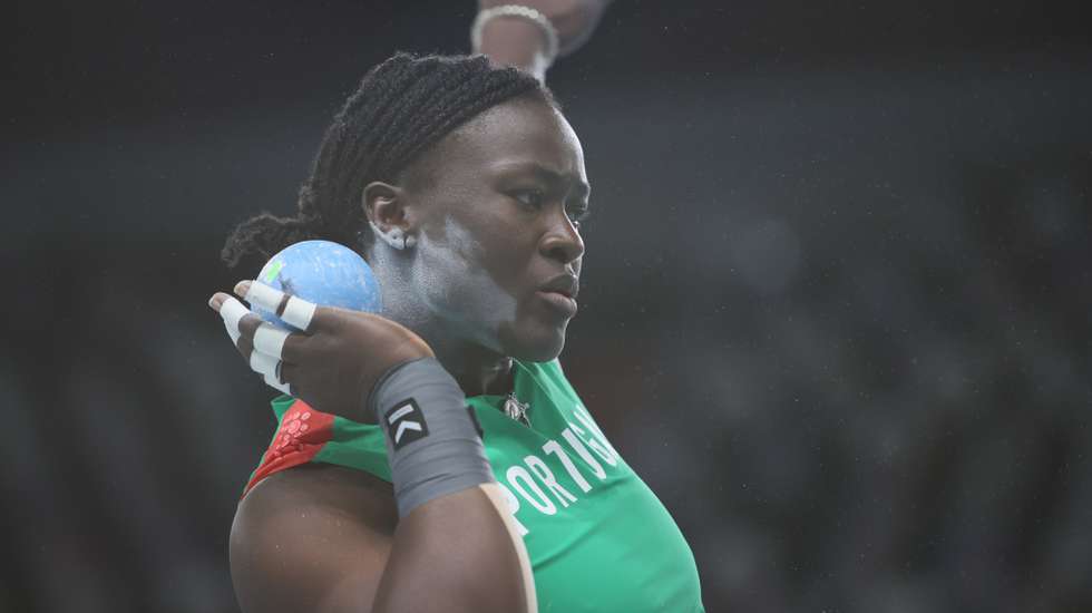 epa09054960 Auriol Dongmo of Portugal competes in the women's Shot Put final at the 36th European Athletics Indoor Championships at the Arena Torun, in Torun, north-central Poland, 05 March 2021.  EPA/Leszek Szymanski POLAND OUT