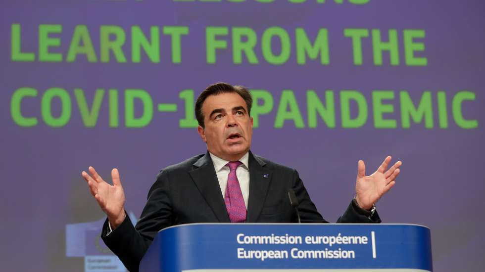 epa09273743 European Commission Vice President Margaritis Schinas gives a press conference on early lessons learned from the COVID-19 pandemic at the European Commission in Brussels, Belgium, 15 June 2021.  EPA/STEPHANIE LECOCQ / POOL POOL EPA