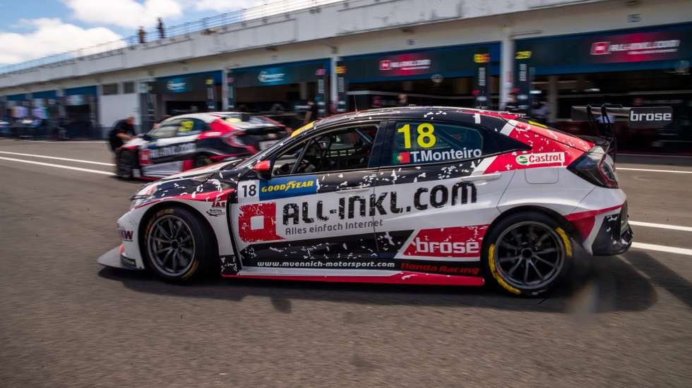epa09305652 Portuguese driver Tiago Monteiro of ALL-INKL.DE MÃ¼nnich Motorsport team exits the box for Race two of the WTCR (FIA World Touring Car Cup) Race of Portugal, at Autodromo do Estoril, Portugal, 27 June 2021.  EPA/JOSE SENA GOULAO