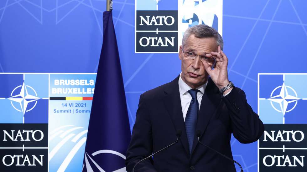 epa09271022 NATO Secretary General Jens Stoltenberg gives a press conference with Spain's Prime Minister (unseen) during a NATO summit at the North Atlantic Treaty Organization (NATO) headquarters in Brussels, Belgium, 14 June 2021. Leaders of NATO countries warned Russia on June 14, 2021, that there could be no return to normal relations between Moscow and the military alliance until it complies with international law, and that China's increasingly aggressive behaviour, including cyber warfare and building nuclear warheads, poses "systemic challenges" to international law and security.  EPA/KENZO TRIBOUILLARD / POOL