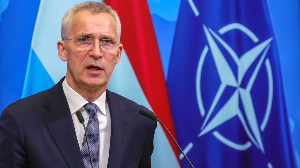 epa10594039 NATO Secretary General Jens Stoltenberg speaks speaks during a joint statement with Luxembourg's prime minister at a press conference at Alliance headquarters in Brussels, Belgium, 27 April 2023.  EPA/OLIVIER MATTHYS
