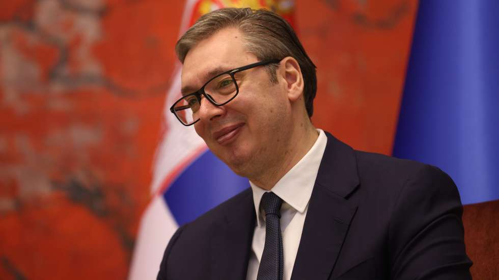 epa11222000 Serbian President Aleksandar Vucic poses for a photo during his meeting with Bavaria State Premier Markus Soeder in Belgrade, Serbia, 15 March 2024. Bavaria State Premier Soeder is visiting Serbia.  EPA/ANDREJ CUKIC
